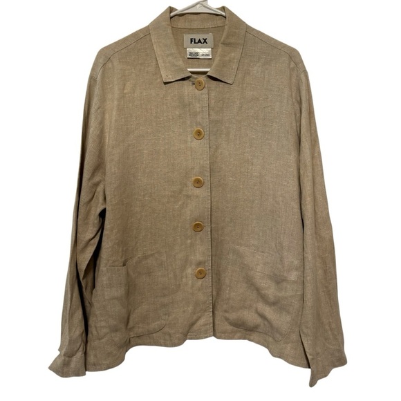 Flax tan linen long sleeve over shirt tan M button front - Picture 1 of 7